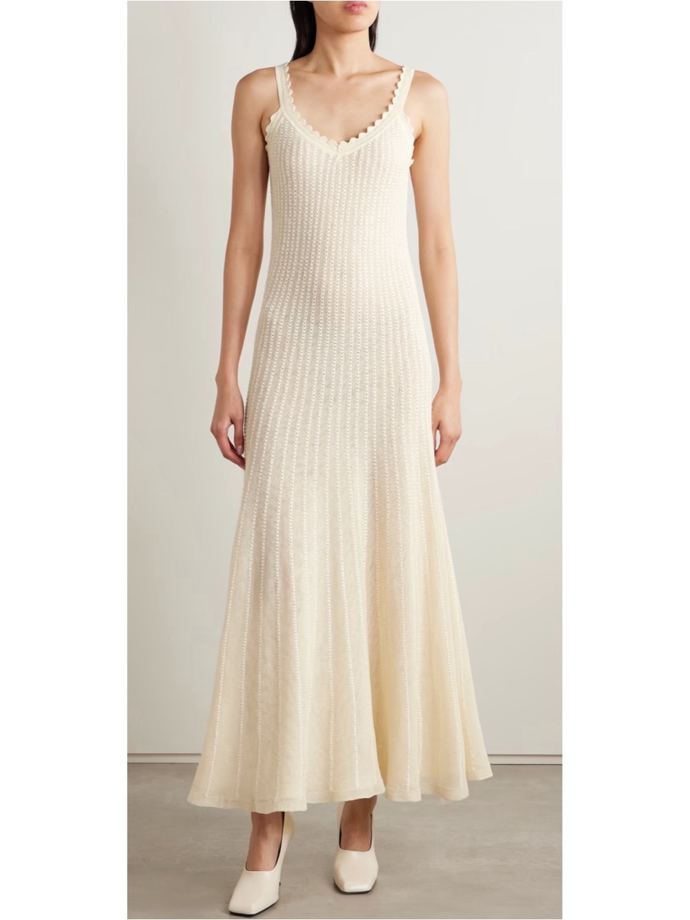 KHAITE Thora Pointelle Knit Crochet Sheer Cream White Maxi Dress Size XL